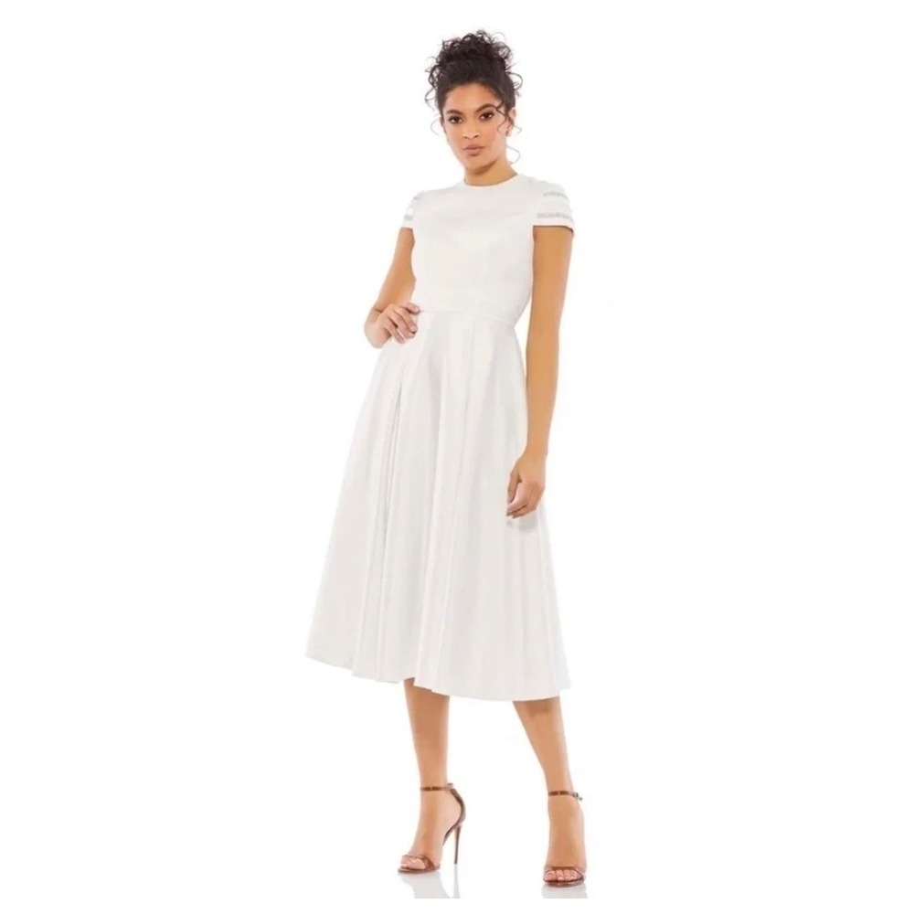 IEENA for Mac Duggal White Satin Embellished Cap Sleeve A-Line Midi Dress 0